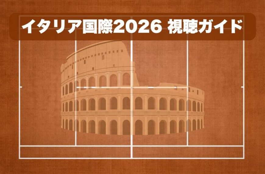 イタリア・ローマのフォロ・イタリコにある赤土のテニスコートと2026年イタリア国際をイメージした風景